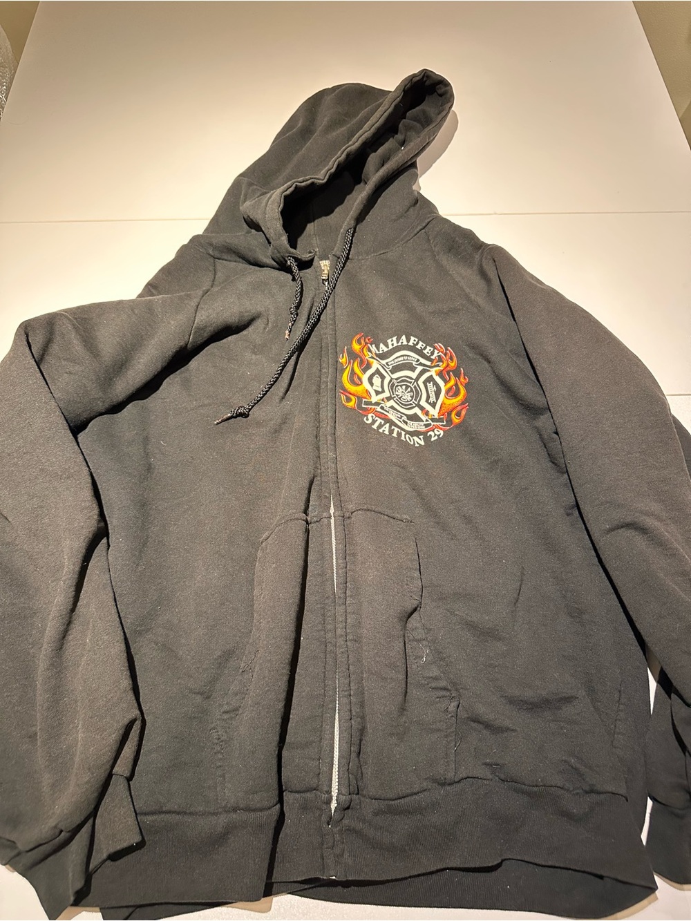 Black Zip-Up Hoodie with Firefighter Crest